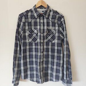 Buffalo David Bitton Shirt Men Navy Plaid Long Sleeve Button Cotton Size S